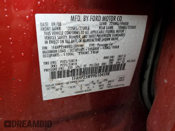 2009 Ford Taurus Limited with VIN 1FAHP25W99G104598, listed as a Copart auction lot 78841664 with 147,759 mi miles and Salvage Title. Bid and sale history available at carsss.com. Image 13.