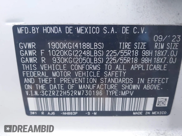 2024 Honda HR-V Sport with VIN 3CZRZ2H52RM730196, listed as a IAAI auction lot 41439301 with 21,327 mi miles. Bid and sale history available at carsss.com. Image 9.