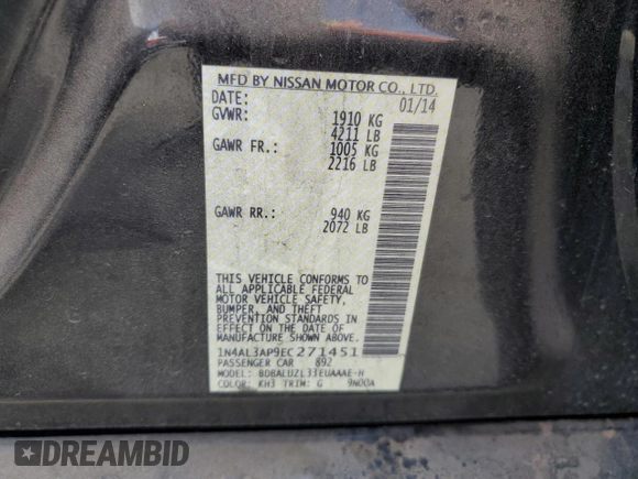 2014 Nissan Altima S with VIN 1N4AL3AP9EC271451, listed as a Copart auction lot 54894665 with 112,957 mi miles and Clean Title. Bid and sale history available at carsss.com. Image 12.