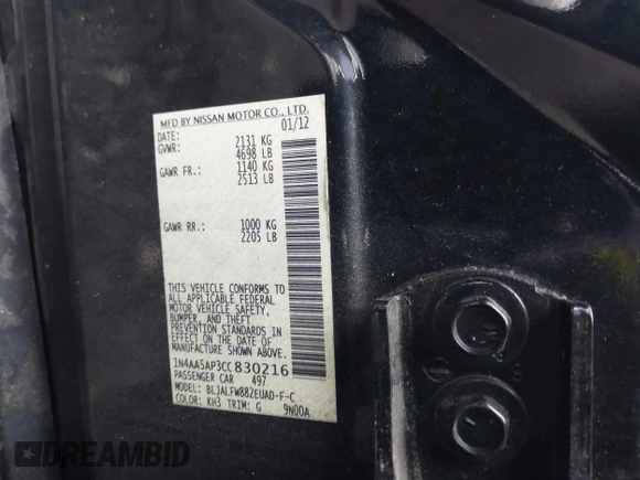 2012 Nissan Maxima SV with VIN 1N4AA5AP3CC830216, listed as a IAAI auction lot 41458598 with 188,239 mi miles and . Bid and sale history available at DreamBid. Image 9.