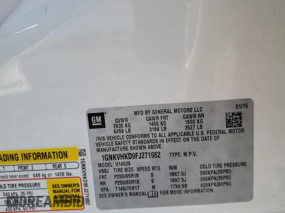 2015 Chevrolet Traverse LT z VIN 1GNKVHKD9FJ271982, wystawiony jako Copart lot #62555525 z przebiegiem 155 887 mil mil oraz Szkoda całkowita • Salvage title. Historia ofert i sprzedaży dostępna na DreamBid. Obrazek 13.