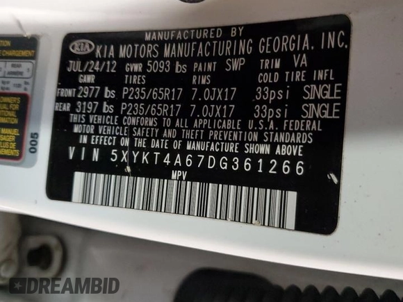 2013 Kia Sorento LX with VIN 5XYKT4A67DG361266, listed as a Copart auction lot 61292835 with 74,996 mi miles and Salvage title. Bid and sale history available at DreamBid. Image 13.