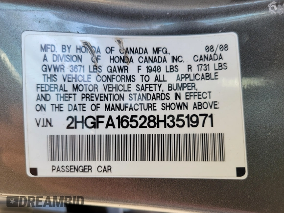 2008 Honda Civic LX с VIN 2HGFA16528H351971, выставлен на аукционе IAAI как лот 41709742 с пробегом 221 757 миль миль и . История ставок и продаж доступна на DreamBid. Изображение 9.