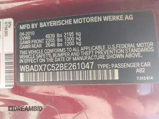 2011 BMW 3 Series 335i with VIN WBADX7C52BE261047, listed as a IAAI auction lot 41740740 with 72,000 mi miles and . Bid and sale history available at DreamBid. Image 9.