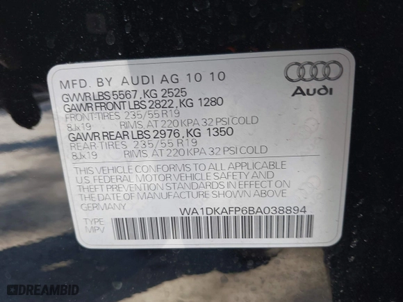 2011 Audi Q5 3.2L Premium Plus with VIN WA1DKAFP6BA038894, listed as a IAAI auction lot 41731751 with 165,703 mi miles. Bid and sale history available at carsss.com. Image 9.