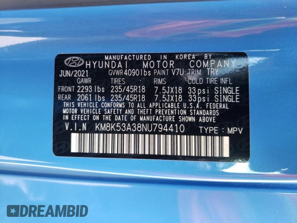 2022 Hyundai Kona Limited with VIN KM8K53A38NU794410, listed as a Copart auction lot 52525342 with 18,825 mi miles and Salvage Title. Bid and sale history available at carsss.com. Image 10.