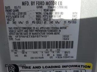 2011 Ford F-150 XLT with VIN 1FTFW1ETXBFB77415, listed as a IAAI auction lot 42048378 with 202,620 mi miles. Bid and sale history available at carsss.com. Image 9.