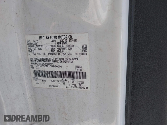 2012 Ford F-150 XL с VIN 1FTMF1CM1CKD66000, выставлен на аукционе IAAI как лот 41987020 с пробегом 282 628 миль миль и . История ставок и продаж доступна на DreamBid. Изображение 9.
