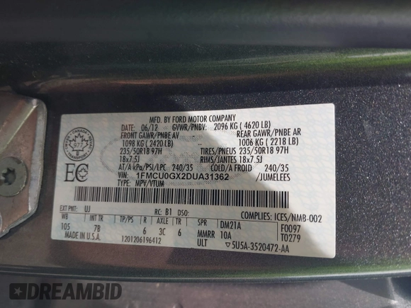 2013 Ford Escape SE with VIN 1FMCU0GX2DUA31362, listed as a IAAI auction lot 42564337 with 157,737 mi miles and . Bid and sale history available at DreamBid. Image 9.