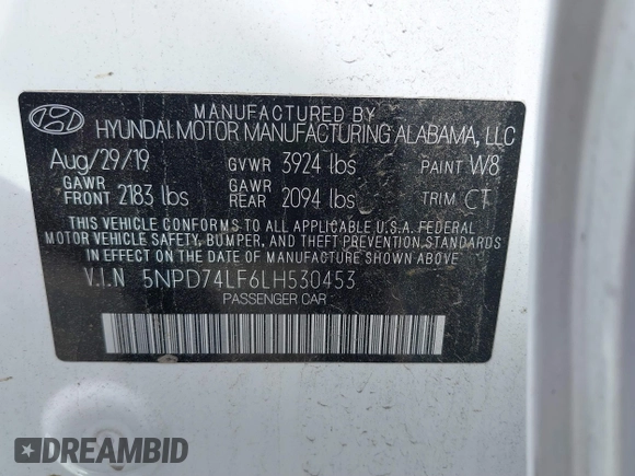 2020 Hyundai Elantra SE with VIN 5NPD74LF6LH530453, listed as a IAAI auction lot 39619733 with 56,233 mi miles. Bid and sale history available at carsss.com. Image 9.
