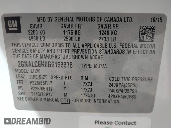 2016 Chevrolet Equinox LT z VIN 2GNALCEK0G6153378, wystawiony jako IAAI lot #42124329 z przebiegiem 110 589 mil mil oraz . Historia ofert i sprzedaży dostępna na DreamBid. Obrazek 9.