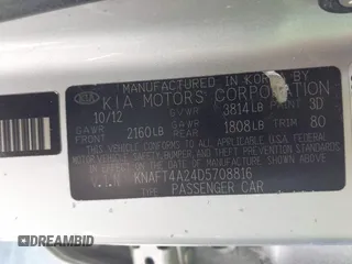 2013 Kia Forte LX with VIN KNAFT4A24D5708816, listed as a IAAI auction lot 41939208 with 179,589 mi miles. Bid and sale history available at carsss.com. Image 9.
