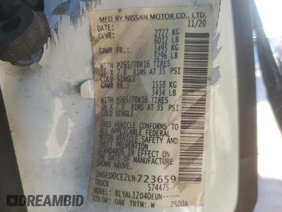 2020 Nissan Frontier S z VIN 1N6ED0CE2LN723659, wystawiony jako Copart lot #47130435 z przebiegiem Nie podano mil oraz Szkoda całkowita • Salvage title. Historia ofert i sprzedaży dostępna na DreamBid. Obrazek 12.