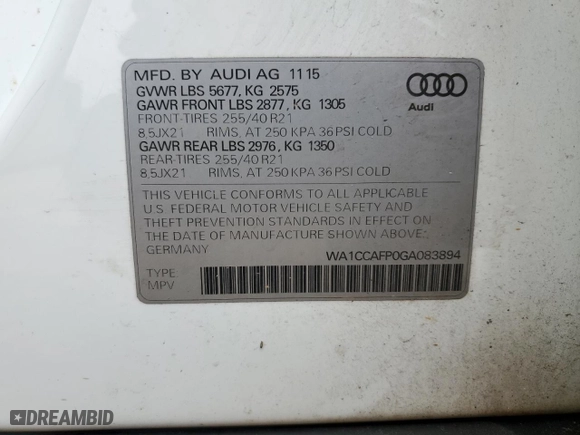2016 Audi SQ5 Premium Plus with VIN WA1CCAFP0GA083894, listed as a Copart auction lot 50152095 with 72,560 mi miles and Salvage Title. Bid and sale history available at carsss.com. Image 15.