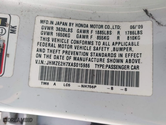 2010 Honda Insight EX with VIN JHMZE2H7XAS015986, listed as a IAAI auction lot 41229343 with 137,276 mi miles. Bid and sale history available at carsss.com. Image 9.