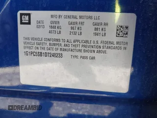 2013 Chevrolet Cruze 1LT with VIN 1G1PC5SB1D7248233, listed as a IAAI auction lot 42150409 with 151,307 mi miles and . Bid and sale history available at DreamBid. Image 9.