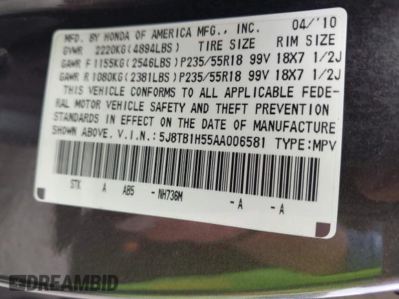 2010 Acura RDX Technology с VIN 5J8TB1H55AA006581, выставлен на аукционе IAAI как лот 42104798 с пробегом 121 516 миль миль и . История ставок и продаж доступна на DreamBid. Изображение 9.