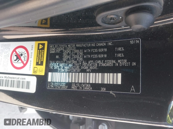 2015 Lexus RX 350 with VIN 2T2BK1BA4FC287397, listed as a IAAI auction lot 42084448 with 186,418 mi miles and . Bid and sale history available at DreamBid. Image 9.