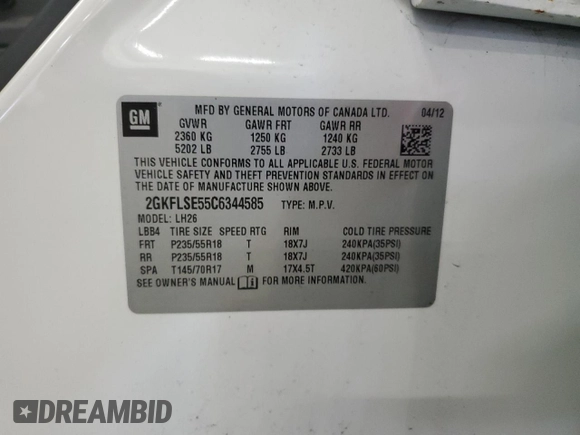 2012 GMC Terrain SLE-2 with VIN 2GKFLSE55C6344585, listed as a Copart auction lot 52750355 with 111,016 mi miles and Clean Title. Bid and sale history available at DreamBid. Image 13.