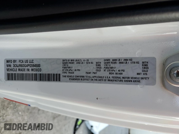 2023 Ram 1500 Tradesman with VIN 3C6JR6DG4PG594500, listed as a Copart auction lot 45055755 with 18,299 mi miles and Non repairable. Bid and sale history available at DreamBid. Image 12.