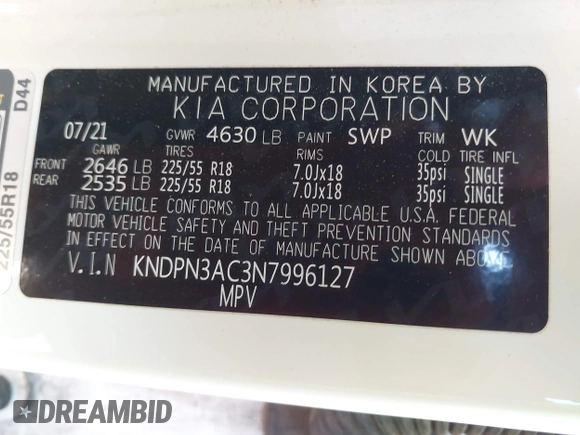 2022 Kia Sportage EX with VIN KNDPN3AC3N7996127, listed as a IAAI auction lot 42165035 with 35,370 mi miles and . Bid and sale history available at DreamBid. Image 9.
