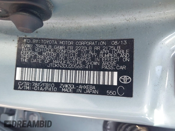 2013 Toyota Prius One with VIN JTDKN3DU2D5681411, listed as a IAAI auction lot 41687126 with 166,146 mi miles. Bid and sale history available at carsss.com. Image 9.