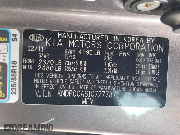 2012 Kia Sportage SX with VIN KNDPCCA61C7277875, listed as a Copart auction lot 63194245 with 88,237 mi miles and Clean title. Bid and sale history available at DreamBid. Image 13.