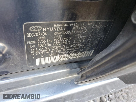 2005 Hyundai Santa Fe GLS with VIN KM8SC73E95U936274, listed as a Copart auction lot 76955984 with 166,437 mi miles and Salvage Title. Bid and sale history available at carsss.com. Image 12.