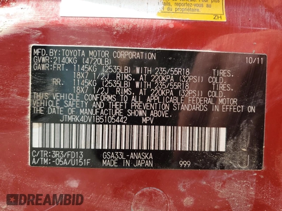 2011 Toyota RAV4 Sport z VIN JTMRK4DV1B5105442, wystawiony jako Copart lot #58872785 z przebiegiem 113 069 mil mil oraz Szkoda całkowita • Salvage title. Historia ofert i sprzedaży dostępna na DreamBid. Obrazek 14.