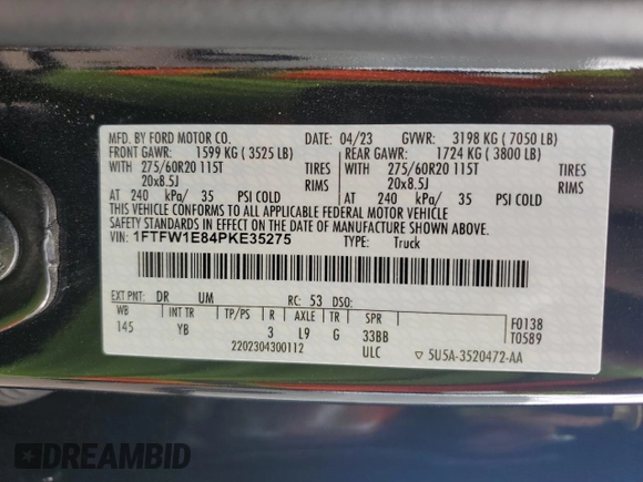2023 Ford F-150 XL with VIN 1FTFW1E84PKE35275, listed as a Copart auction lot 61867535 with 22,142 mi miles and Salvage title. Bid and sale history available at DreamBid. Image 13.