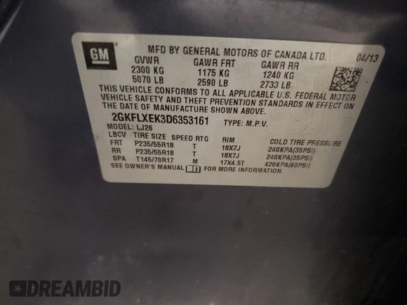 2013 GMC Terrain SLT with VIN 2GKFLXEK3D6353161, listed as a Copart auction lot 70781414 with 84,615 mi miles and Salvage title. Bid and sale history available at DreamBid. Image 14.