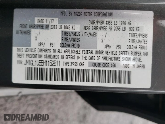 2017 Mazda 6 Sport with VIN JM1GL1U55H1152511, listed as a Copart auction lot 48801855 with 167,197 mi miles and Non Repairable. Bid and sale history available at DreamBid. Image 12.