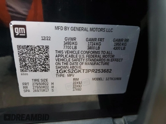2023 GMC Yukon XL SLT with VIN 1GKS2GKT3PR253682, listed as a Copart auction lot 83268984 with 0 mi miles and Non Repairable. Bid and sale history available at carsss.com. Image 13.