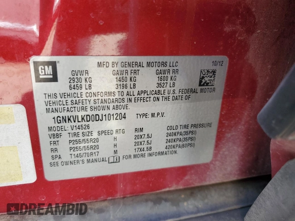 2013 Chevrolet Traverse LTZ z VIN 1GNKVLKD0DJ101204, wystawiony jako Copart lot #46361955 z przebiegiem 187 287 mil mil oraz Szkoda całkowita • Salvage title. Historia ofert i sprzedaży dostępna na DreamBid. Obrazek 13.