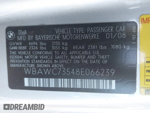 2008 BMW 3 Series 335xi with VIN WBAWC73548E066239, listed as a IAAI auction lot 41469555 with 92,420 mi miles and . Bid and sale history available at carsss.com. Image 9.