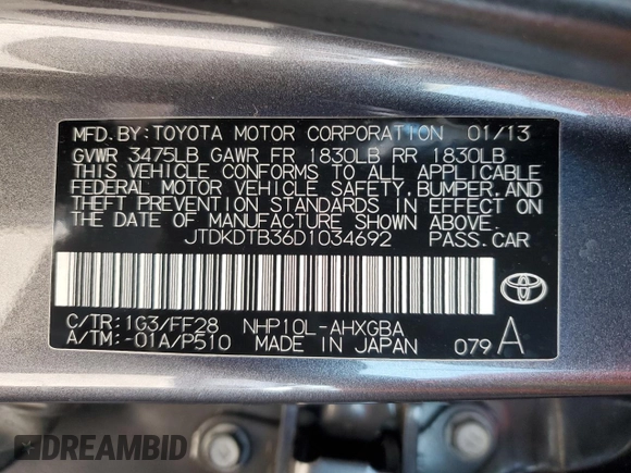 2013 Toyota Prius One with VIN JTDKDTB36D1034692, listed as a Copart auction lot 49686035 with 153,852 mi miles and Salvage Title. Bid and sale history available at carsss.com. Image 14.