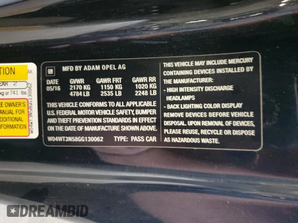 2016 Buick Cascada Premium with VIN W04WT3N58GG130062, listed as a Copart auction lot 64644255 with 46,969 mi miles and Salvage title. Bid and sale history available at DreamBid. Image 12.