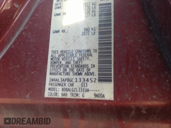 2016 Nissan Altima SR with VIN 1N4AL3AP8GC133452, listed as a IAAI auction lot 41743769 with 194,640 mi miles and . Bid and sale history available at carsss.com. Image 9.