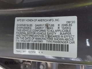 2020 Honda Accord with VIN 1HGCV3F11LA015901, listed as a IAAI auction lot 42022659 with 131,865 mi miles and . Bid and sale history available at DreamBid. Image 9.