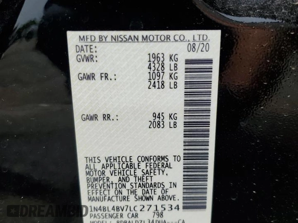 2020 Nissan Altima S with VIN 1N4BL4BV7LC271534, listed as a Copart auction lot 53549325 with 65,427 mi miles and Salvage Title. Bid and sale history available at carsss.com. Image 12.