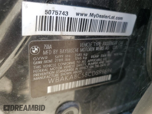 2012 BMW 7 Series 750i with VIN WBAKA8C58CDS99694, listed as a Copart auction lot 46828435 with 131,458 mi miles and Salvage title. Bid and sale history available at DreamBid. Image 12.