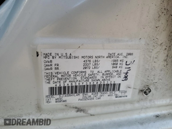 2009 Mitsubishi Galant ES z VIN 4A3AB36F39E025323, wystawiony jako Copart lot #54163005 z przebiegiem 192 941 mil mil oraz Szkoda całkowita • Salvage title. Historia ofert i sprzedaży dostępna na DreamBid. Obrazek 12.