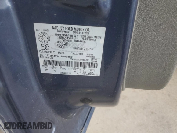 2006 Ford F-150 STX with VIN 1FTRX12W16NA23681, listed as a Copart auction lot 61585435 with 197,243 mi miles and Salvage title. Bid and sale history available at DreamBid. Image 12.