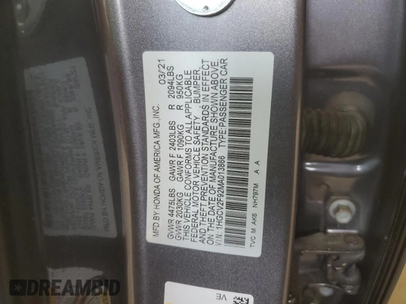 2021 Honda Accord Touring z VIN 1HGCV2F92MA013866, wystawiony jako Copart lot #55471655 z przebiegiem 42 049 mil mil oraz Szkoda całkowita • Salvage title. Historia ofert i sprzedaży dostępna na DreamBid. Obrazek 12.