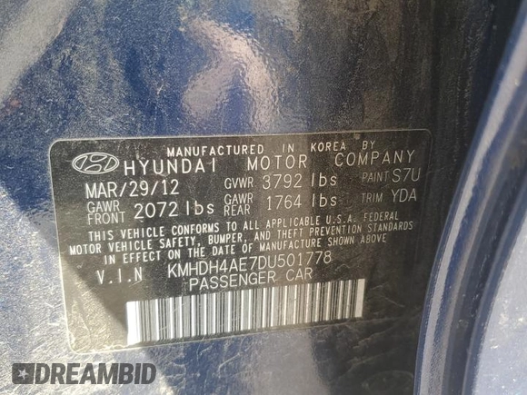 2013 Hyundai Elantra Limited with VIN KMHDH4AE7DU501778, listed as a Copart auction lot 52764415 with 109,971 mi miles and Salvage Title. Bid and sale history available at DreamBid. Image 12.