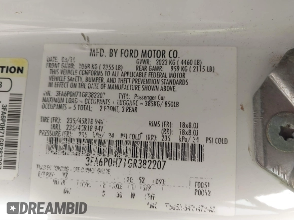 2016 Ford Fusion SE with VIN 3FA6P0H71GR382207, listed as a IAAI auction lot 41748408 with Not Provided miles. Bid and sale history available at carsss.com. Image 9.