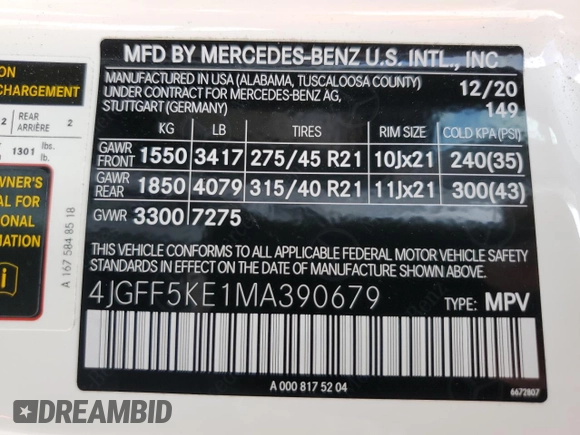 2021 Mercedes-Benz GLS 450 with VIN 4JGFF5KE1MA390679, listed as a Copart auction lot 61058304 with 29,914 mi miles and Salvage Title. Bid and sale history available at DreamBid. Image 14.