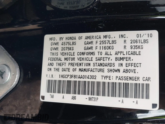 2010 Honda Accord EX-L with VIN 1HGCP3F81AA014302, listed as a IAAI auction lot 42123193 with 223,439 mi miles and . Bid and sale history available at DreamBid. Image 9.