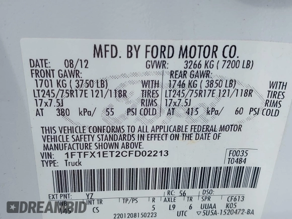 2012 Ford F-150 XL z VIN 1FTFX1ET2CFD02213, wystawiony jako IAAI lot #39533030 z przebiegiem 184 309 mil mil oraz . Historia ofert i sprzedaży dostępna na DreamBid. Obrazek 9.