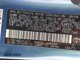 2009 Toyota Prius with VIN JTDKB20U397838867, listed as a IAAI auction lot 42105743 with 184,529 mi miles. Bid and sale history available at carsss.com. Image 9.